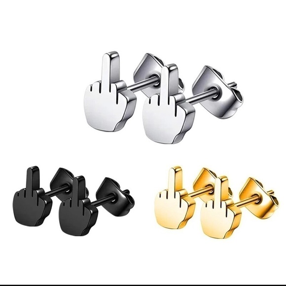 18K Black Gold (Rhodium) Plated Middle Finger, Flipping Off Stud Earrings - Picture 2 of 6